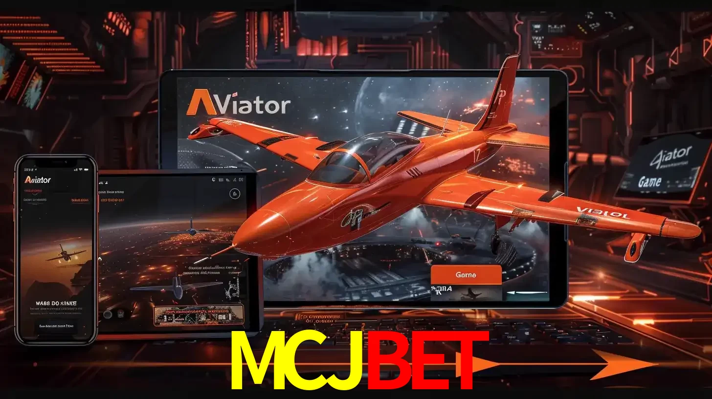Apresentação tecnológica do jogo Aviator com um avião saindo da tela de um tablet, demonstrando a experiência imersiva em múltiplos dispositivos no MCJBET.