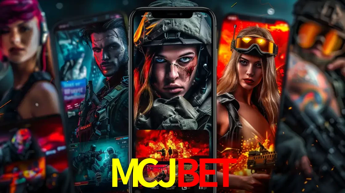 Montagem de telas de celular mostrando diversos personagens, masculinos e femininos, de um jogo de tiro, ilustrando a diversidade de equipes de e-sports para apostar no MCJBET.