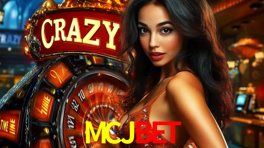 Mulher glamourosa olhando para a câmera com a roda vermelha do Crazy Time ao fundo em um ambiente de cassino, destacando a emoção dos jogos ao vivo no MCJBET.