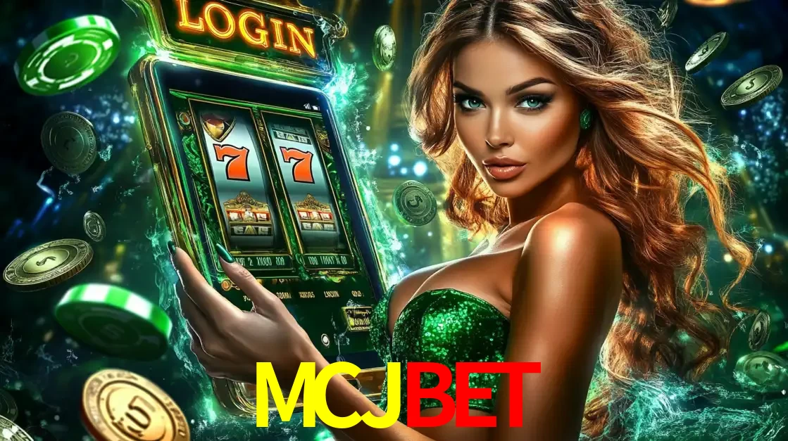 Mulher com tema verde apresentando o aplicativo do cassino MCJBET com um jogo de slot de 777, cercada por fichas de cassino e uma aura de sorte.