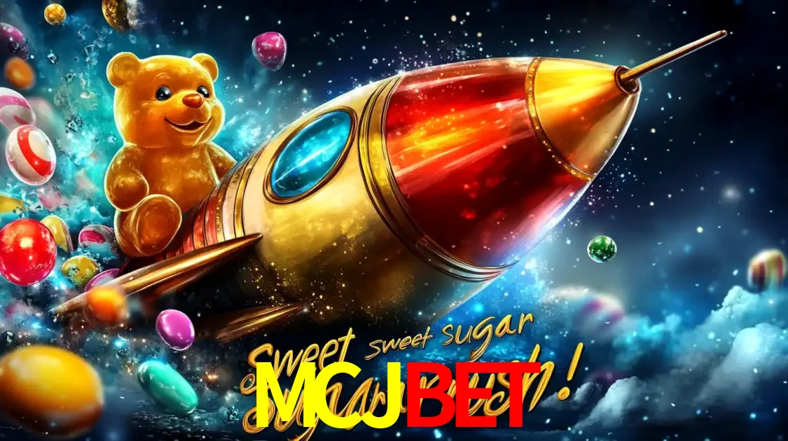 Arte promocional do jogo de slot Sugar Rush, com um urso de pelúcia em um foguete viajando pelo espaço de doces, um dos jogos divertidos disponíveis no cassino MCJBET.